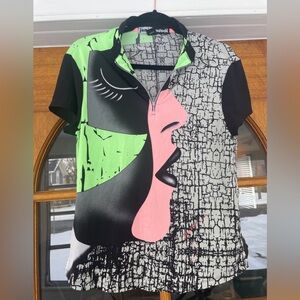 Jamie Sadock Women's Golf Shirt Abstract Face Black And Lime Green Size Medium